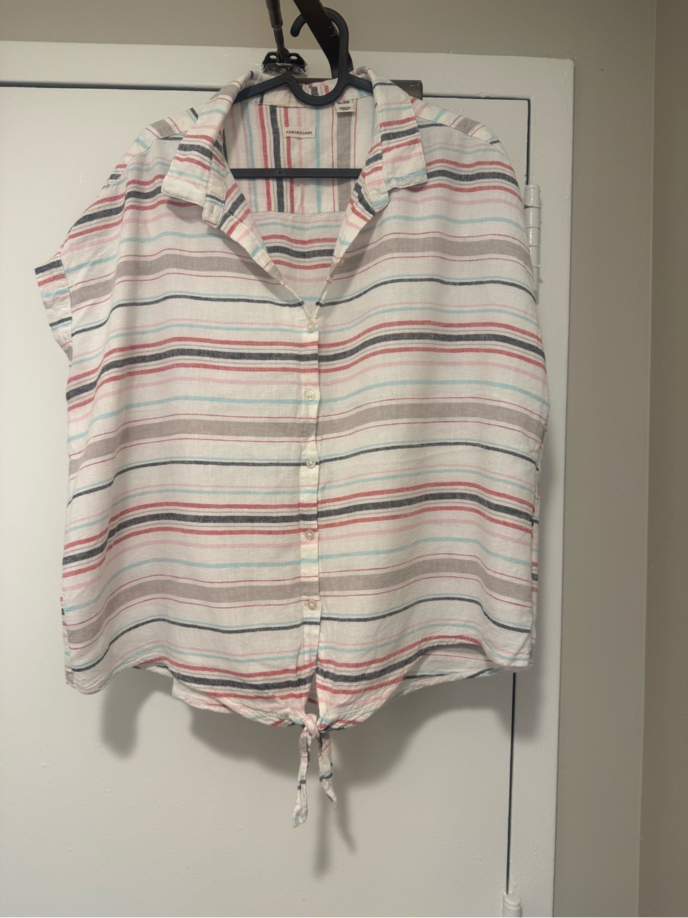 Striped Button-Front Tie-Hem Women's Top - White with Multi-Color Stripes